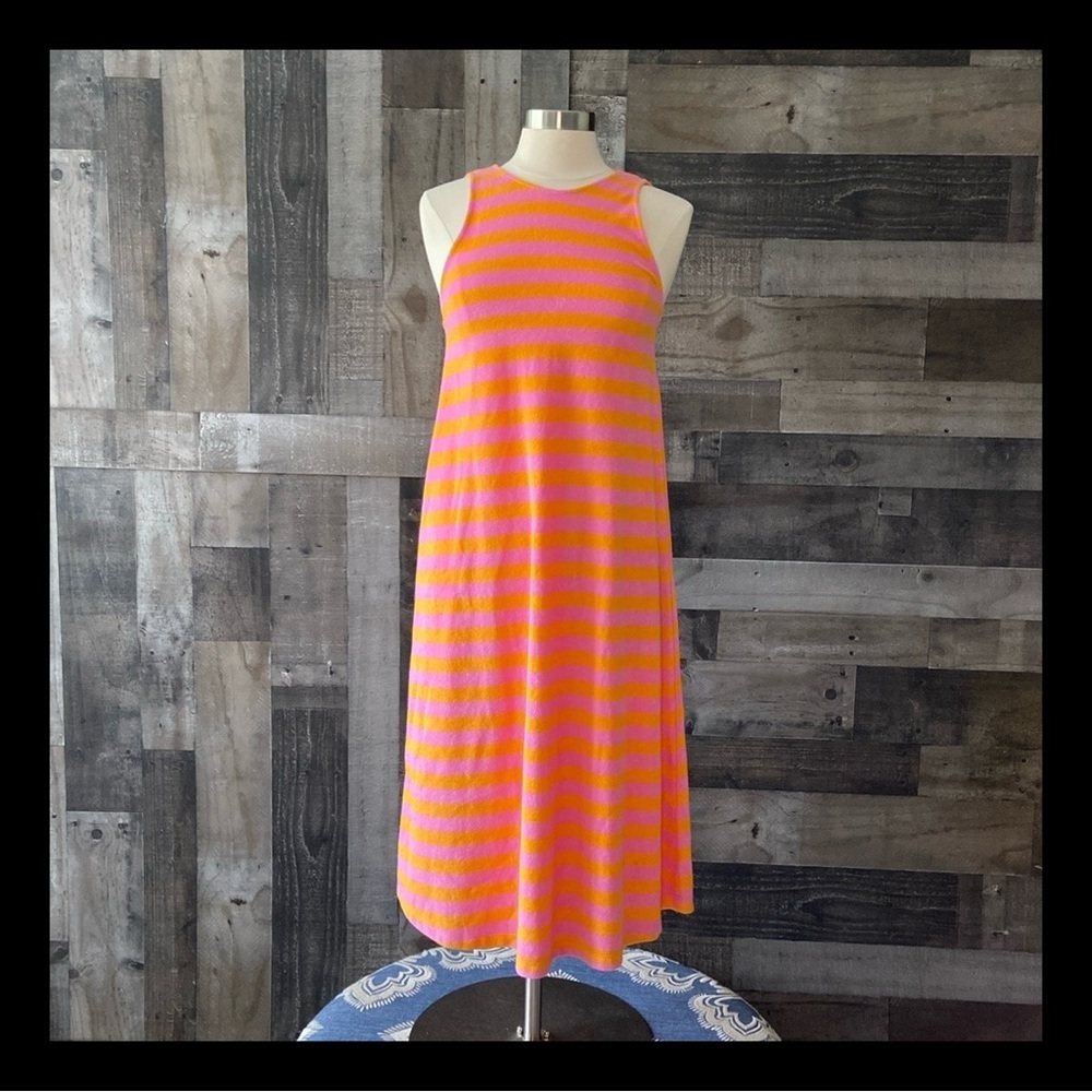 ZARA terrycloth maxi dress small pink orange stripes beach coverup island girl